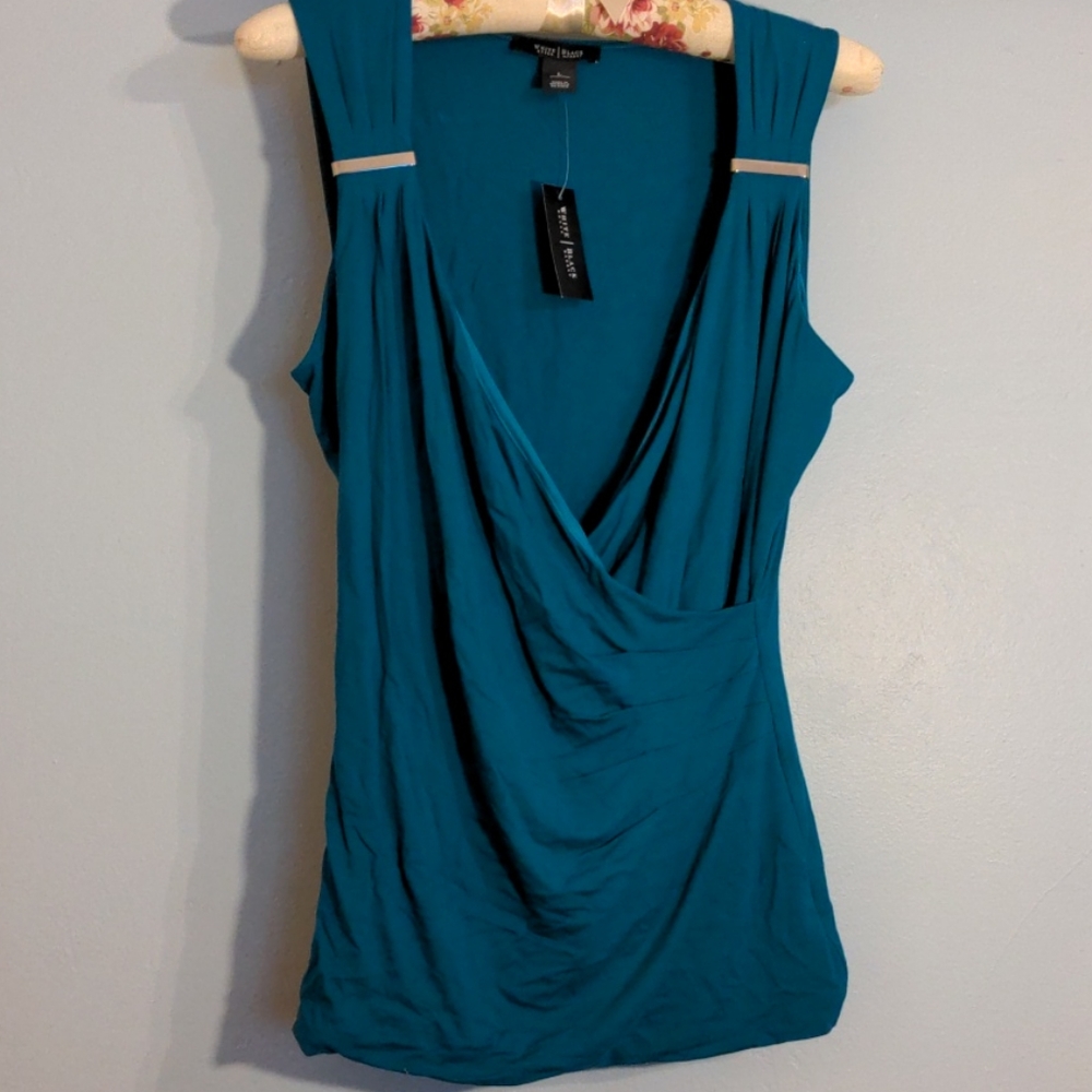 WHBM L deep V teal wrap cami